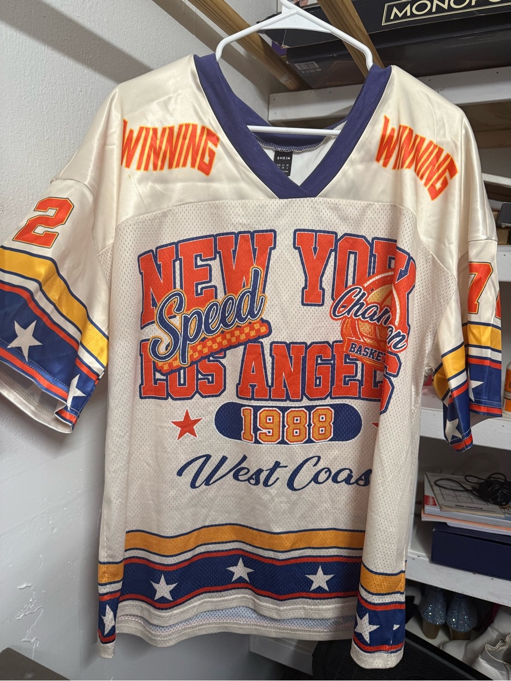 SHEIN Cream Blue Orange 'New York Los Angeles 1988' Graphic Jersey